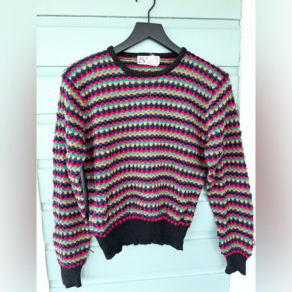 Vintage SSA striped circle pattern sweater multicolor unique quirky medium 90s
